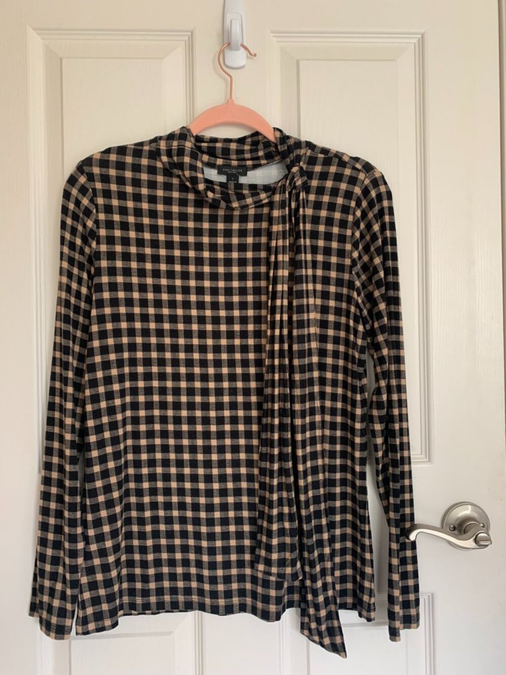 Ann Taylor Factory Women's Checkered Blouse, Long Sleeve Brown/Black, size S NWT